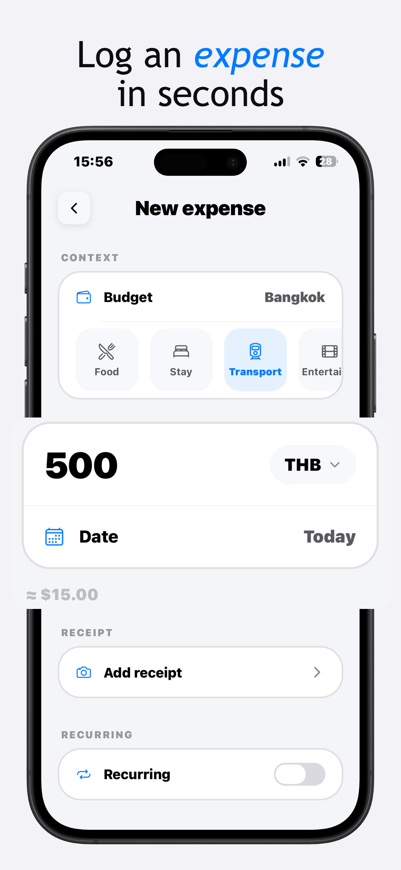 TravelBudget add expense screen with category picker and currency converter