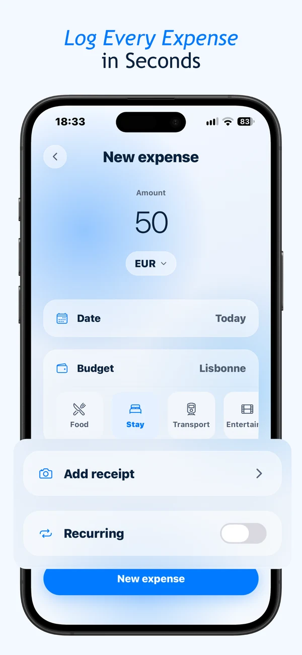 TravelBudget add expense screen with amount, currency and category