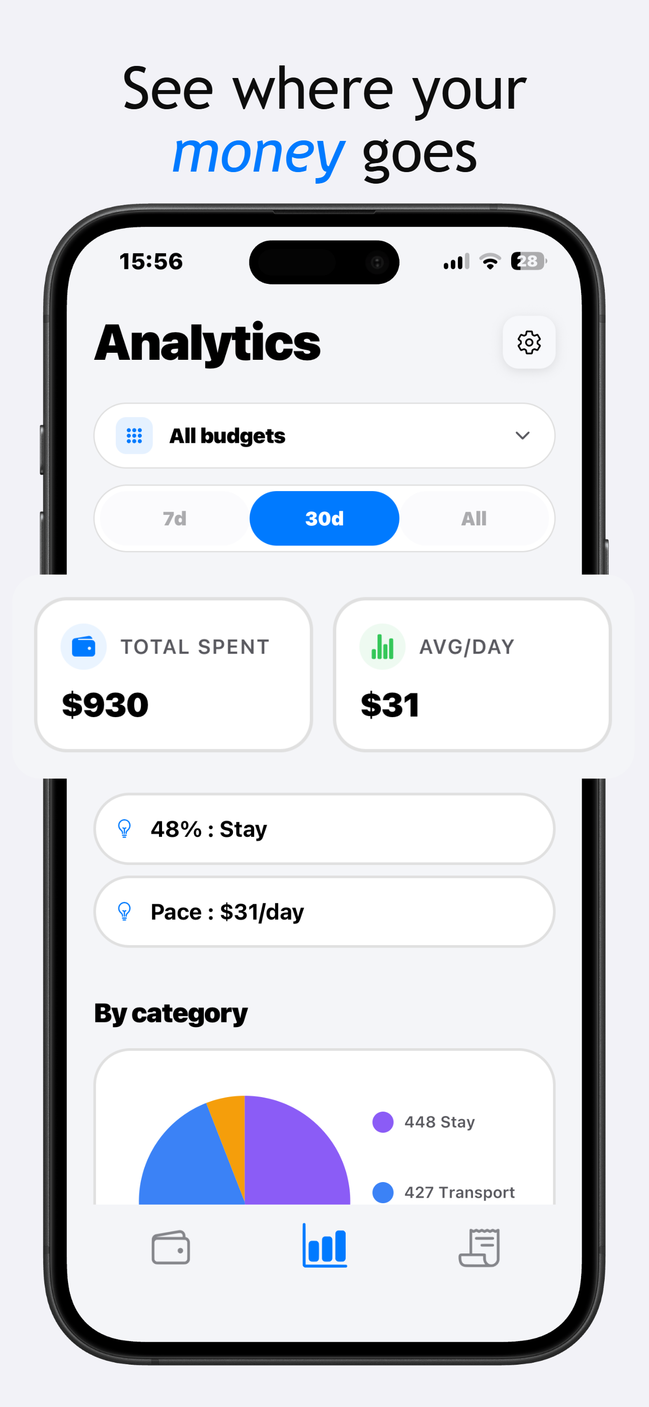 TravelBudget category breakdown chart of spending by type