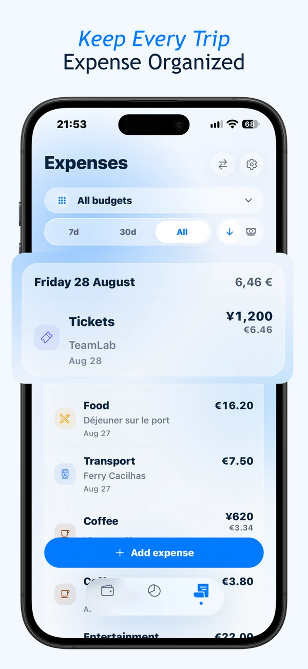 TravelBudget expenses list grouped by day across a trip