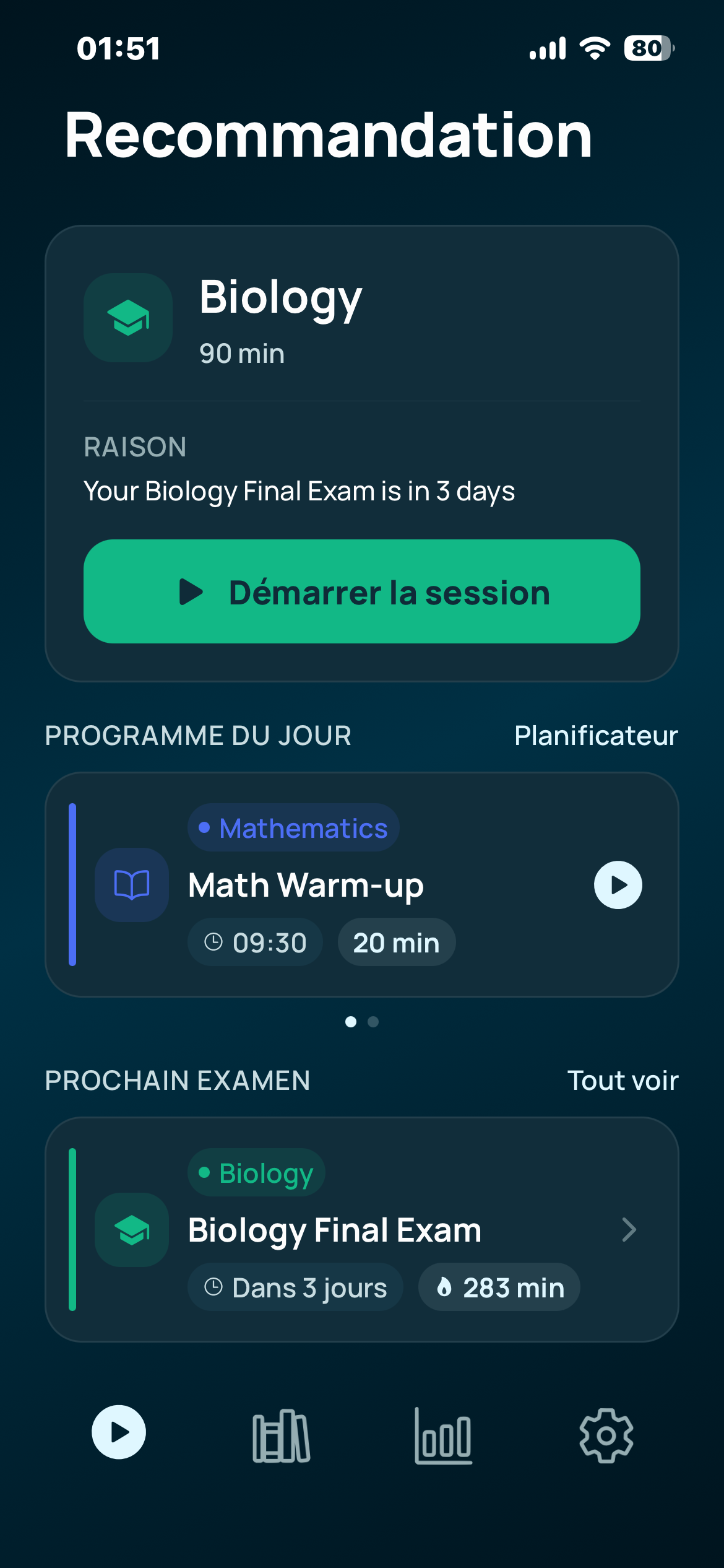 Vitae home screen recommending a 90 minute Mathematics session because the Calculus midterm is in 6 days, above today's plan and the next exam
