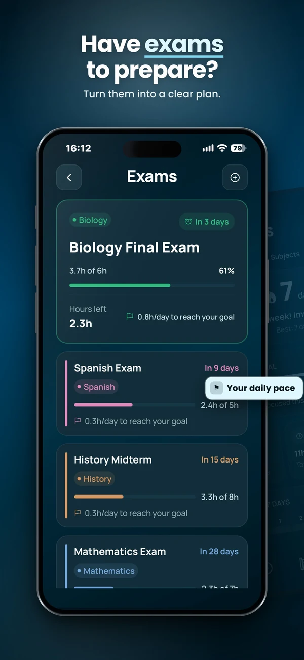 Vitae home screen recommending a 90 minute Mathematics session because the Calculus midterm is in 6 days, above today's plan and the next exam