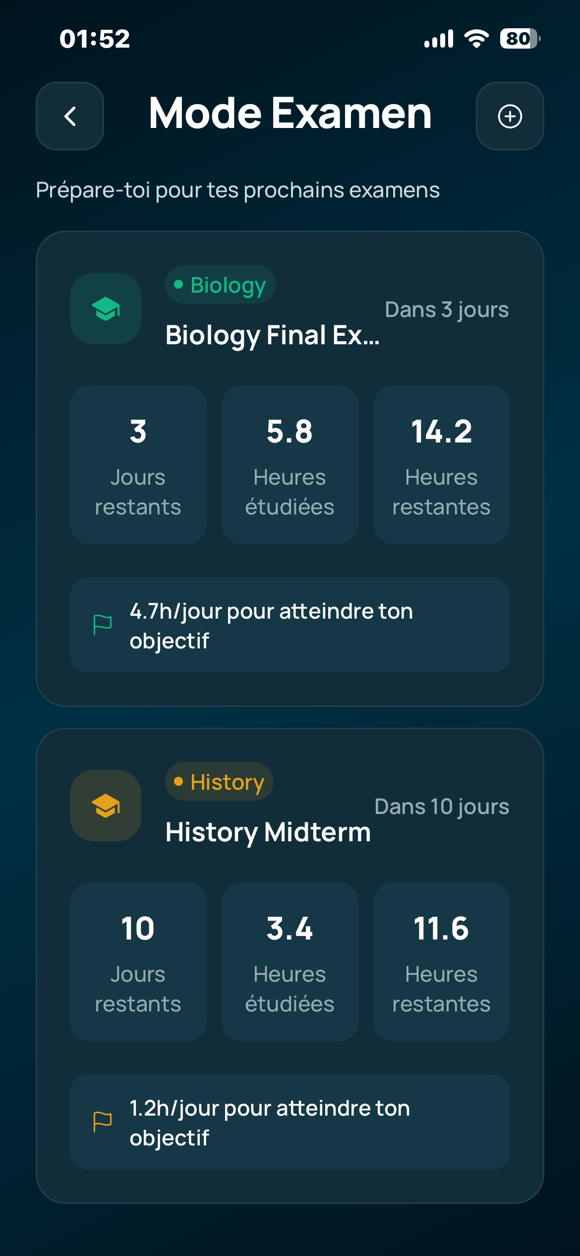 Vitae Exam Mode listing three exams with days left, hours studied, hours left and the daily target needed to reach each goal