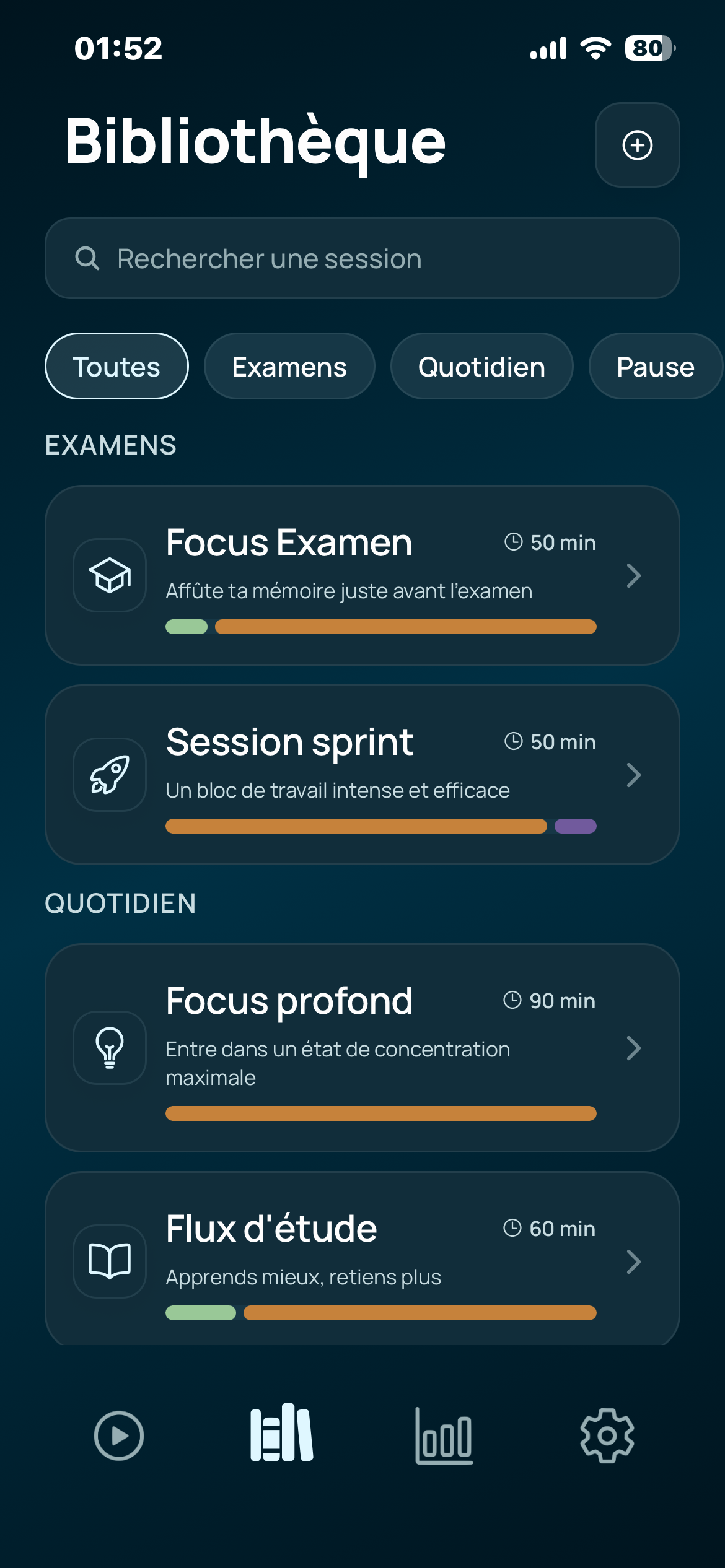 Vitae session library filtered by exam, daily and recovery sessions, with the premium ones locked