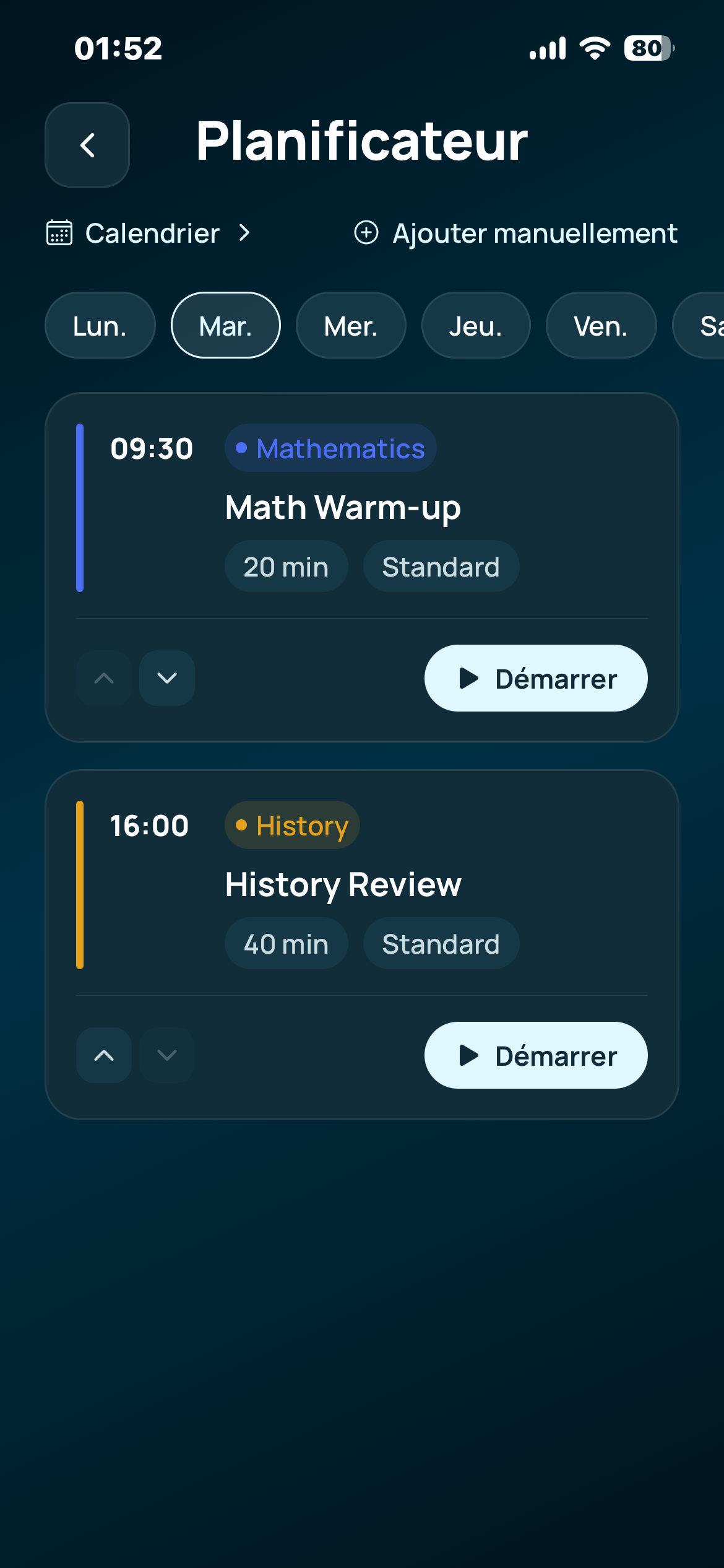 Vitae weekly planner showing Tuesday's study blocks for Mathematics, History and Biology, each with a start button
