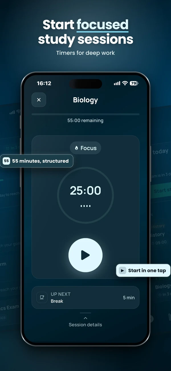 Séance de révision dans Vitae avec minuteur Pomodoro et prochaine pause